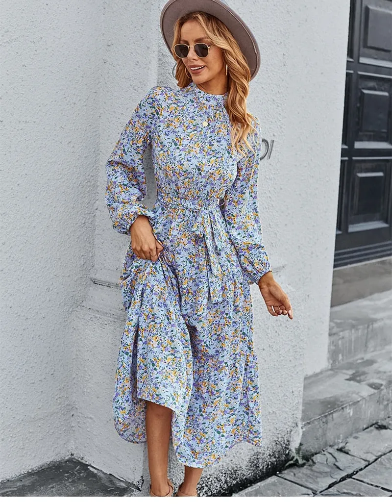 Amy Fashion - Autumn Winter Half High Collar Floral Dress