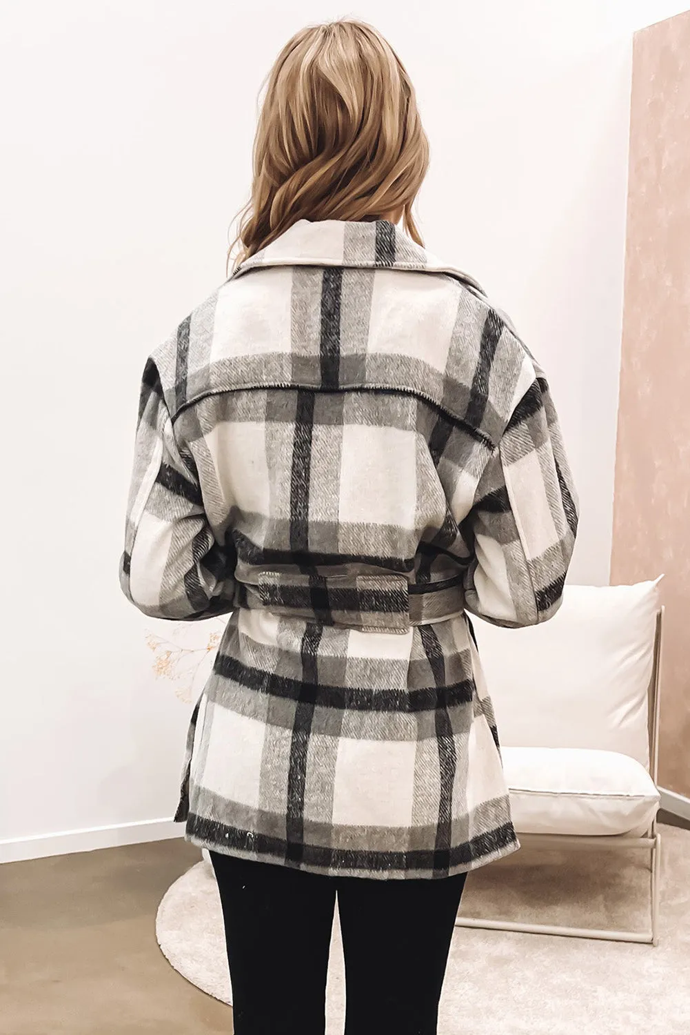 Black Plaid Button-Up Flap Pocket Belted Jacket