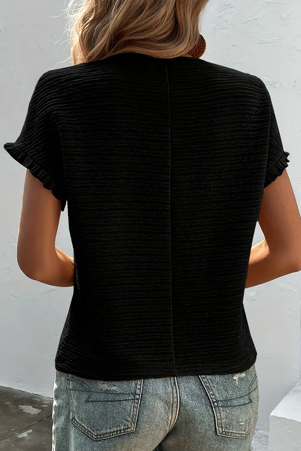 Black Solid Textured Frill Cuffs Short Sleeve Blouse