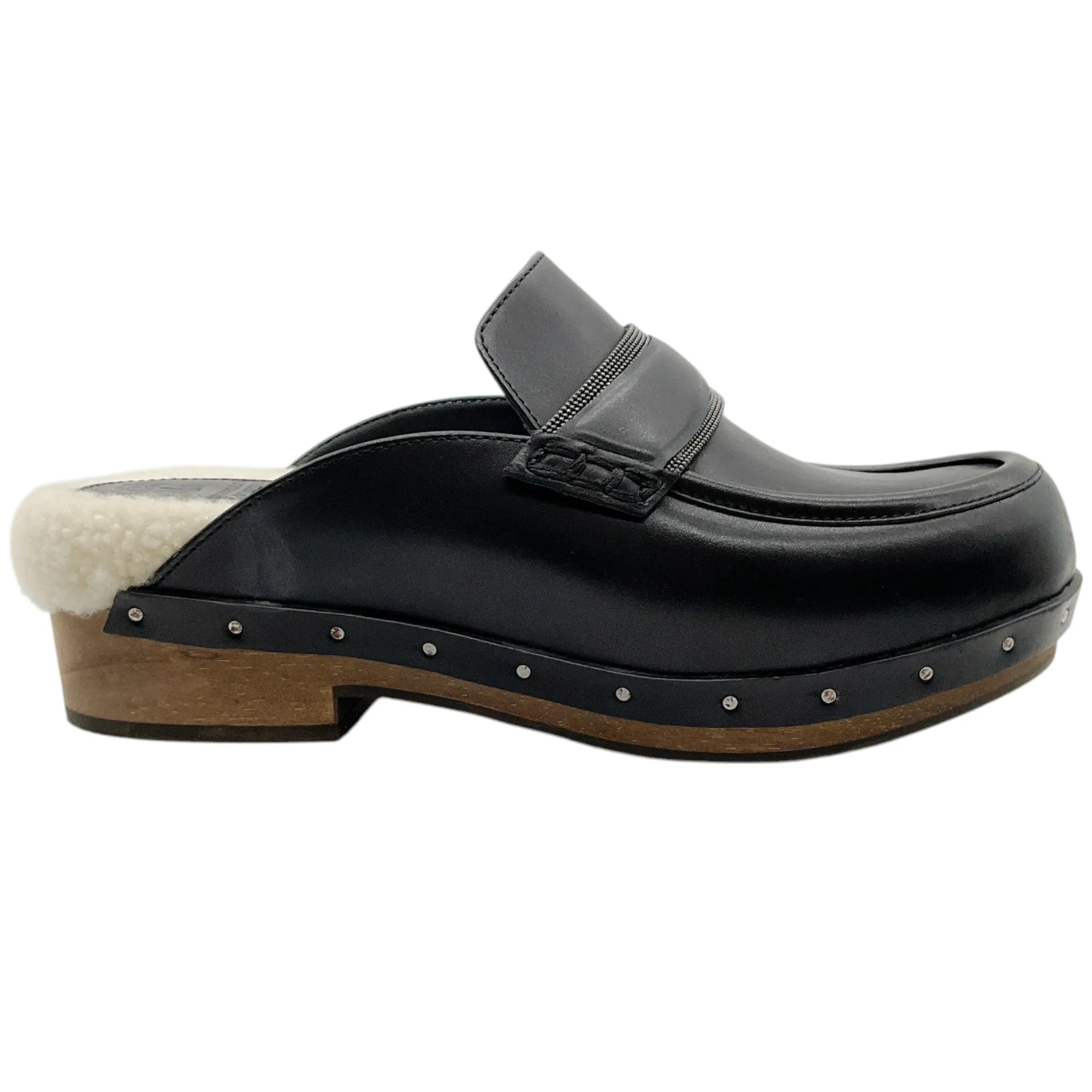 Brunello Cucinelli Black Leather Clogs with Shearling and Monili