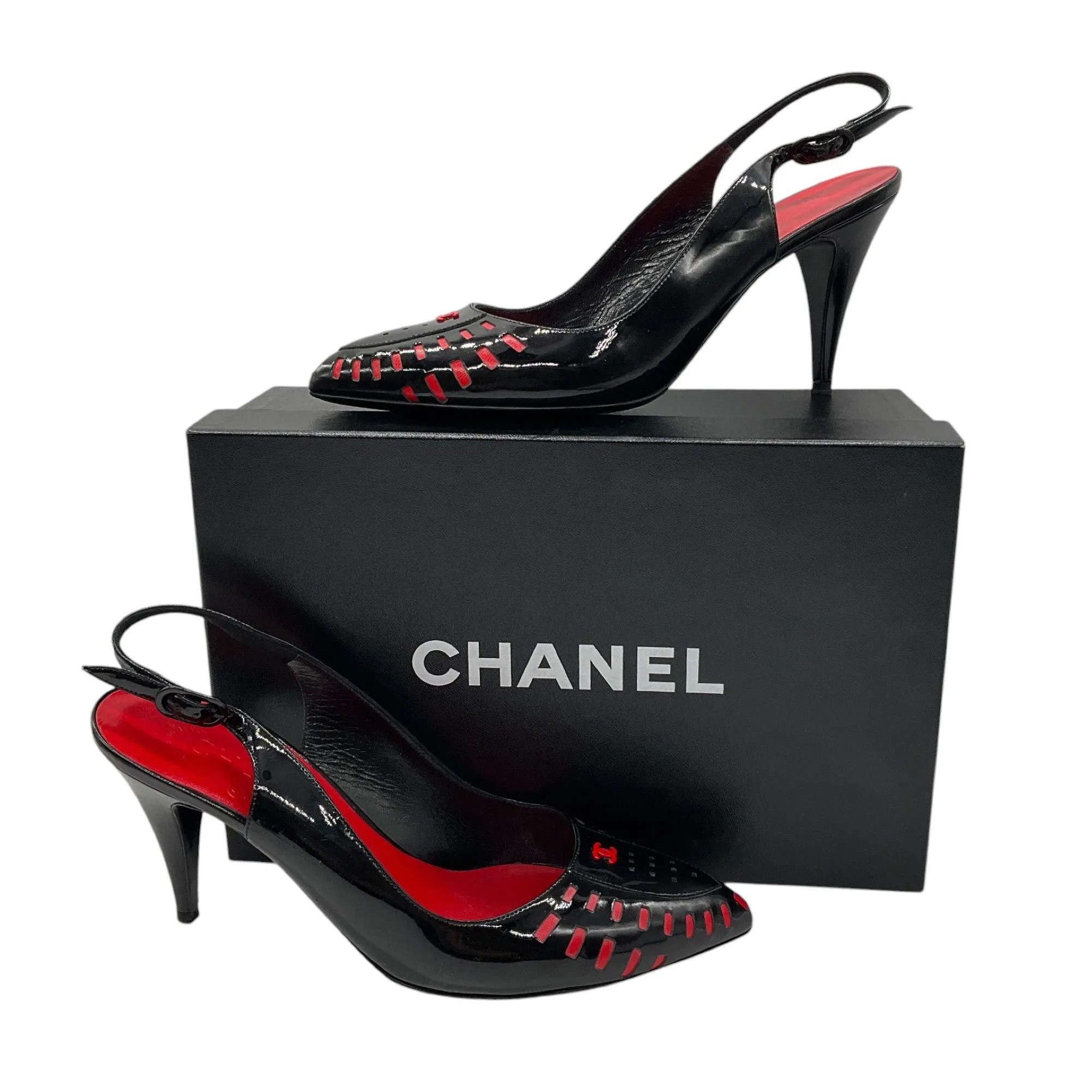 Chanel Black / Red 2009 Patent Leather Slingback Pumps