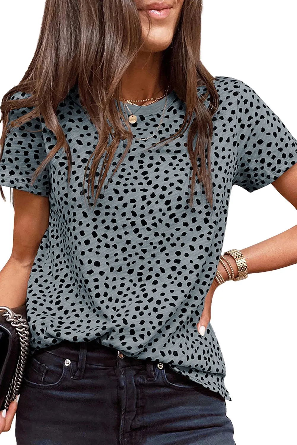 Grey Cheetah Print Casual Crew Neck T Shirt