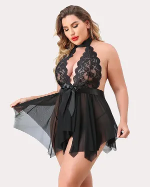 Plus Size Floral Lace High Waist Teddy Babydoll