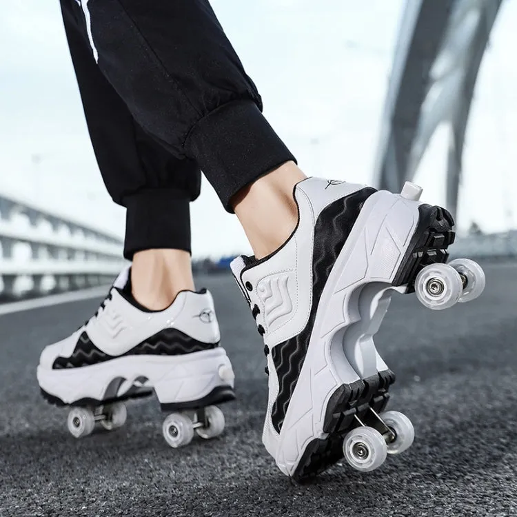 With Brakes Deformable Four-wheel Retractable Double-row Dual-purpose Roller Skates, Size: 37(DF08 Black)