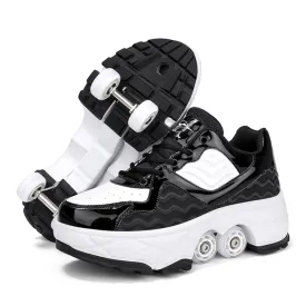 With Brakes Deformable Four-wheel Retractable Double-row Dual-purpose Roller Skates, Size: 37(DF08 Black)